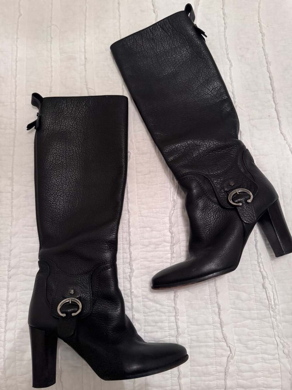 Celine Black Pebbled Leather Knee-High Buckle Boots